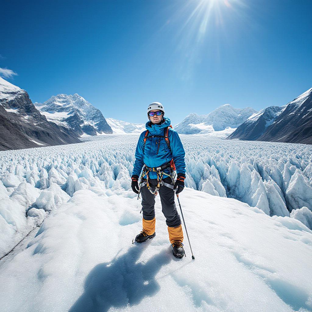 Alpinista su un grande ghiacciaio